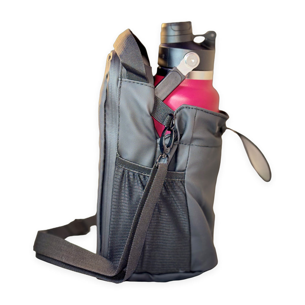 CLNCH magnetic bottle bag side view with pocket and carabiner clip